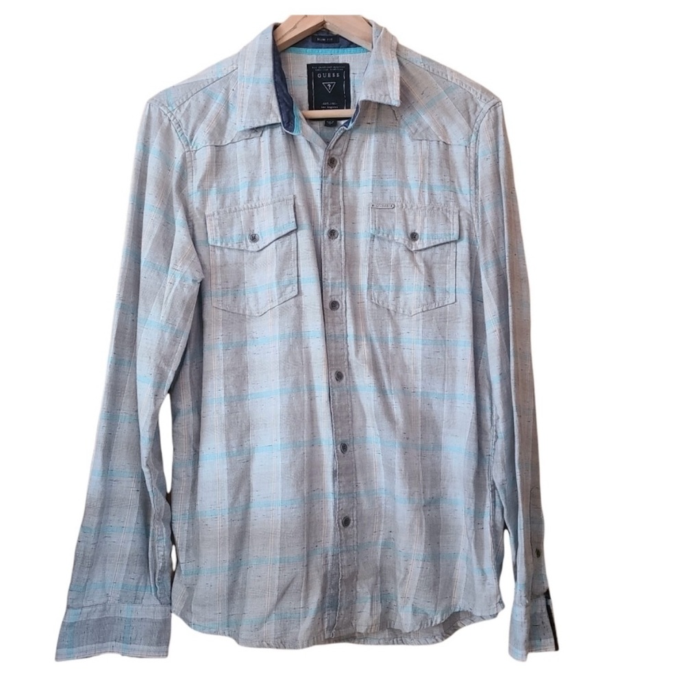 Guess Gray blue long-sleeved buttoned  down slim fit shirt